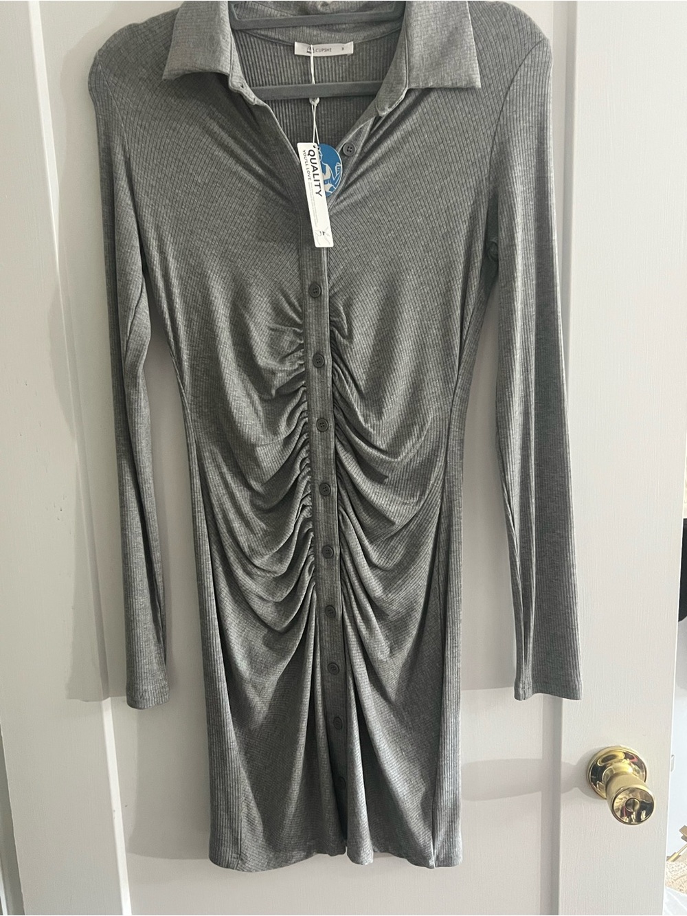 NWT CUPSHE Ribbed Button-Front Shirt Dress in Heather Gray